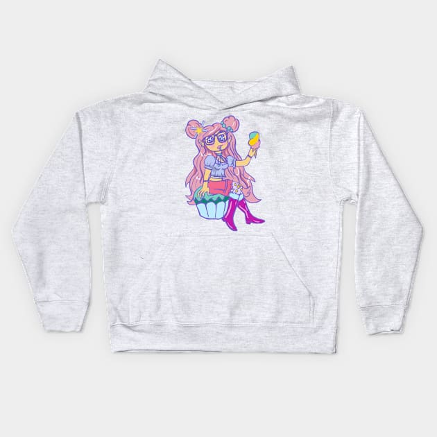 Kawaii Chibi Pastel Girl Sitting On Cupcake Eating Ice Cream Kids Hoodie by LunaElizabeth